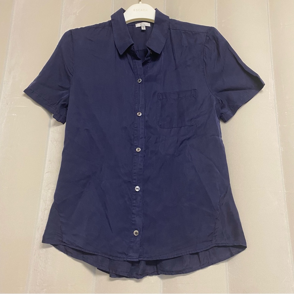 Clu Anthropologie Women’s Button Up Shirt Small Silk Blend Cinched Back Navy